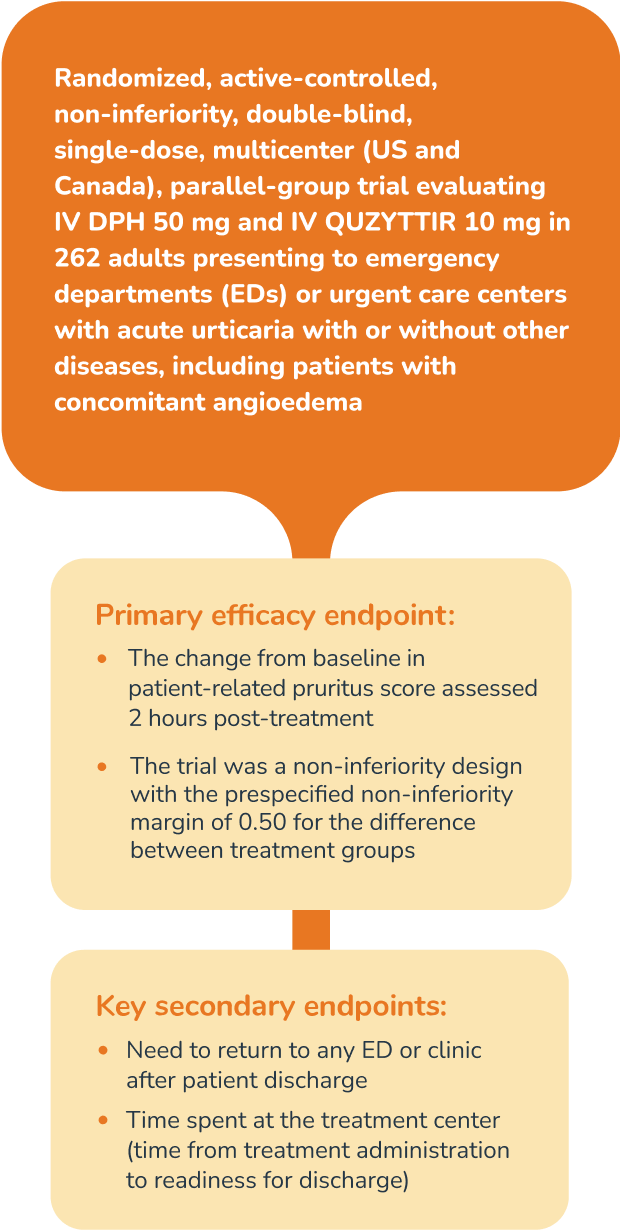 Vertical series of three consecutive colored boxes in which the study design is stated followed by the primary efficacy endpoints and key secondary endpoints.
