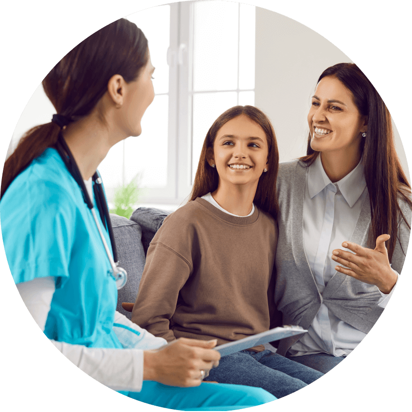 Actor portrayals of a female healthcare practitioner speaking with two female patients who appear to be mother and daughter