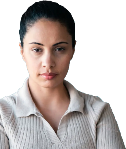 Actor portrayal of young female patient with a grey collared shirt