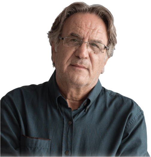 Actor portrayal of male, middle-aged patient with glasses and a dark gray shirt