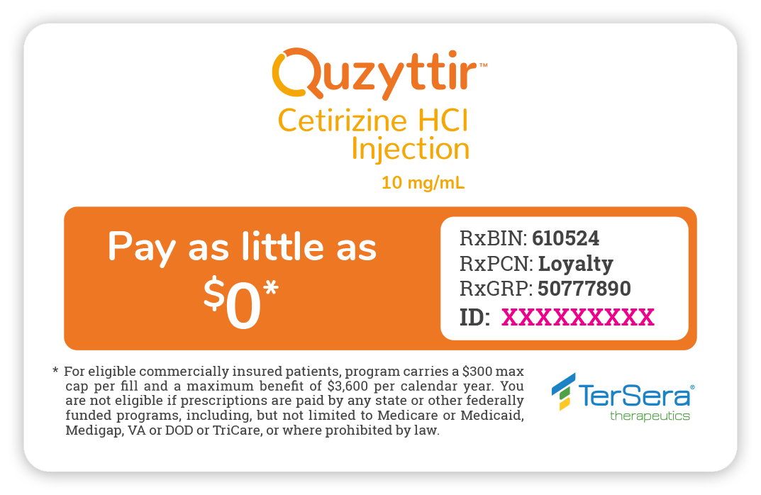 Image of Quzyttir cetirizine HCl Injection savings card. Eligible, commercially insured patients may pay as little as $0.